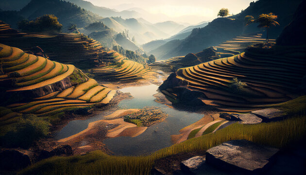 Rice terraces landscape, Tibetan monastery, Ai generated image 