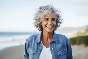 Portrait of smiling mature woman standing on beach at the day time