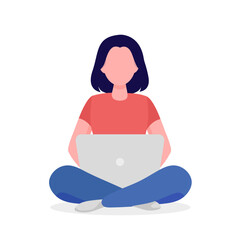 Young woman with short hair sitting and working on the computer. Vector illustration in flat style. Isolated on white background.	