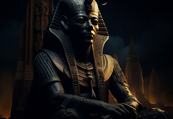 Egyptian pharaoh Sphinx statue in black marble at night in front of Giza pyramids, Old Egyptian Civilization