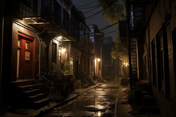 Naklejka na ściany i meble A moonlit alley in low light. Generative AI