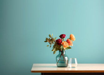 Wooden table with glass vase with bouquet of roses flowers near empty, blank turquoise wall. Home interior background with copy space. © Vadim Andrushchenko
