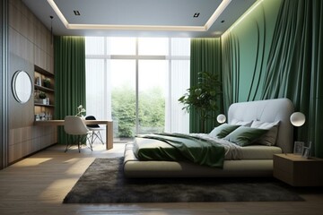 Contemporary and inviting bedroom with green design elements and modern architecture. Generative AI