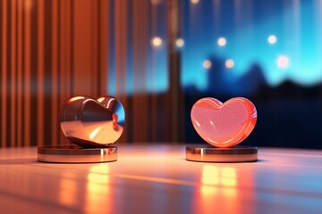 Two heart-shaped objects on a counter with shiny backdrop and lights. Generative AI