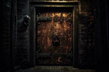 Fototapeta na wymiar A locked door with a keyhole in a dark setting. Generative AI