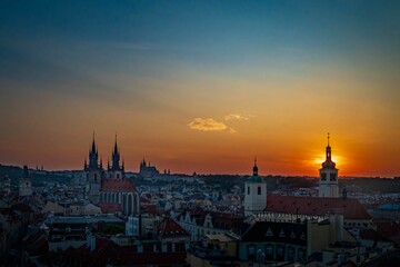 Aerial view of the cityscape of Prague at sunset in Czechia