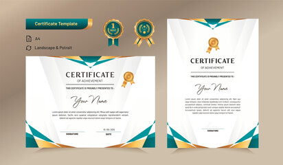 Green and gold certificate of achievement template. For award, business, and education needs. Vector Illustration