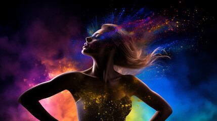 silhueta da bela obra-prima de fitness corporal de mulher com explosão de cores, festival de holi
