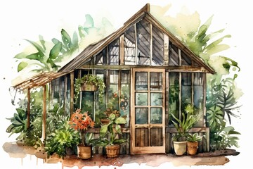 Fototapeta na wymiar Watercolor illustration of wooden tropical greenhouse garden for indoor green house. Generative AI