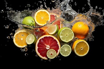 Zesty citrus fruits in water art. Generative AI