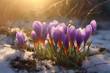 Crocus blooms on melted snow with sunlight signal the end of winter. Generative AI - obrazy, fototapety, plakaty