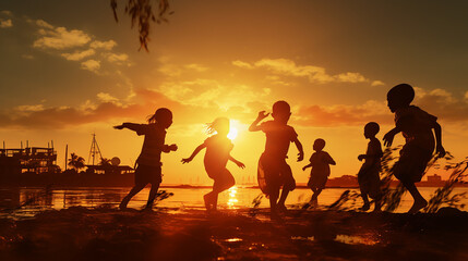 Fototapeta na wymiar silhueta de criança brincando ao pôr do sol