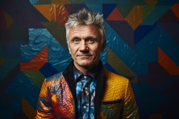 Portrait of a Russian man in his 50s in an abstract background wearing a chic cardigan