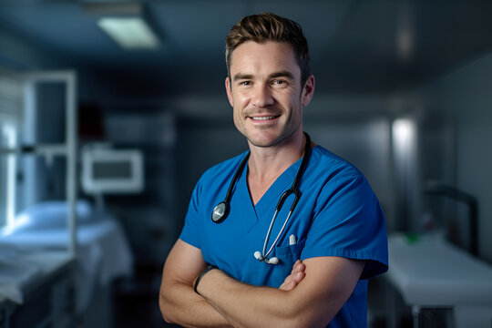 Smiling Paramedic Doctor With an Ambulance in the Background