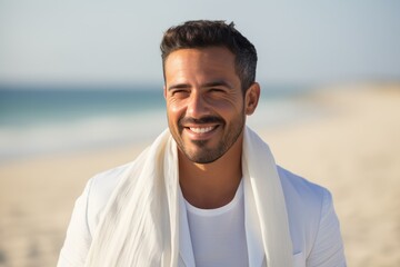 Portrait of smiling man with towel on the beach at the day time