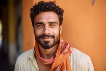 Medium shot portrait of a Brazilian man in his 30s in an abstract background wearing a foulard