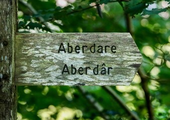 Closeup of the Aberdare sign at The Dare Valley Country Park, South Wales