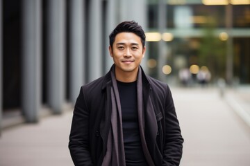 Fototapeta premium Portrait of a young handsome asian man in urban background.