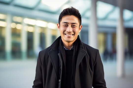 Portrait of a handsome asian man in a black coat smiling