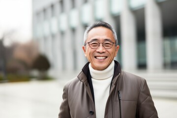Naklejka premium Portrait of a smiling asian senior man in front of office building