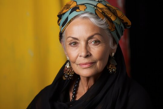 Portrait of a Brazilian woman in her 70s in an abstract background wearing a foulard