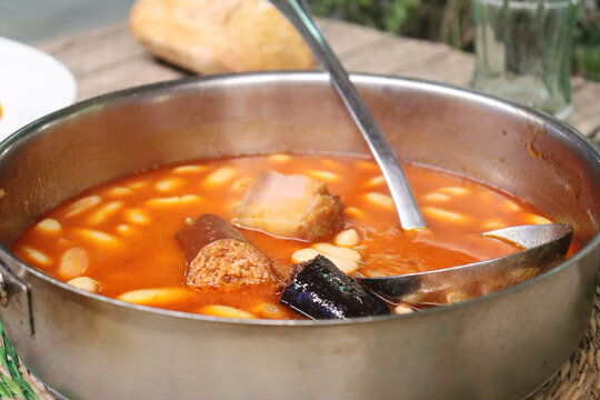 Fabada casserole. Typical Asturian dish made with beans, chorizo, black pudding and bacon