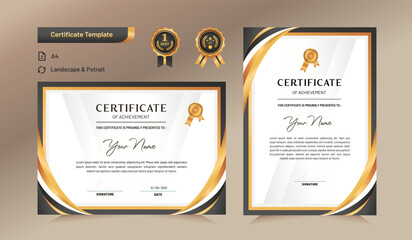 Black and gold certificate of achievement template set with black badge and border. For award, business, and education needs. Vector Illustration