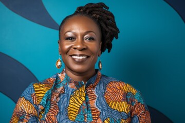 Portrait of a Nigerian woman in her 40s in an abstract background wearing a chic cardigan