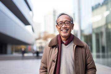 Fototapeta premium Portrait of senior asian man wearing coat in the city.