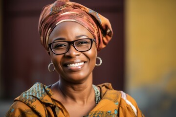 Portrait of a Nigerian woman in her 40s in an abstract background wearing a foulard