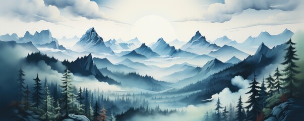 Mountain Peaks minimalist watercolor landscape art	