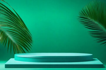 Turquoise podium with palm leaves on green background. Minimal scene