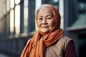 Portrait of an elderly muslim woman with hijab in the city