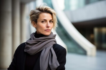 Portrait of a beautiful business woman in black coat and grey scarf