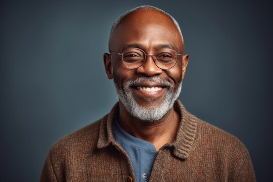 Medium shot portrait of a Nigerian man in his 50s in an abstract background wearing a chic cardigan