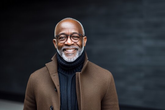 Portrait of a Nigerian man in his 50s in an abstract background wearing a chic cardigan