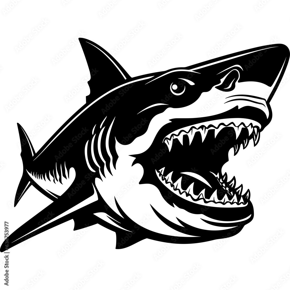 Poster Shark head logo big jaw with teeth black silhouette vector