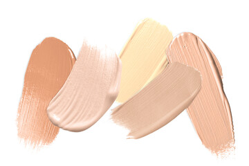 Foundation of various shades for different skin tones isolated on white, top view. Set of samples