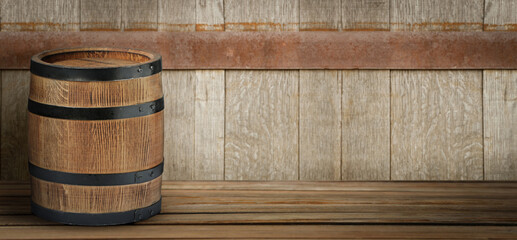 Barrel on wooden background, space for text. Banner design