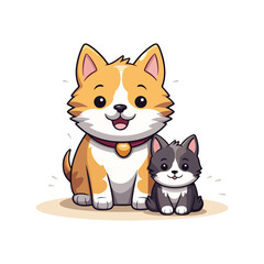 Cute cartoon cat with dog in vector illustration isolated animal vector flat cartoon style, vector, minimalist