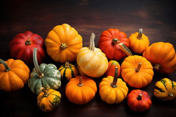 Happy Thanksgiving. Thanksgiving pumpkins and Autumn leaves. Thanksgiving Food Party. Thanksgiving Concept.Thanksgiving Background. Thanksgiving Theme. Generative Ai