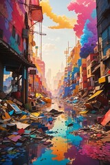 A vibrant, colorful world, with a hint of the destruction caused by pollution, lurking in the shadows