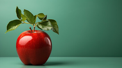 Fresh Red Apple with a green background, copy space,