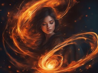 Portrait of a fiery girl with her eyes closed by a fire mage.