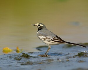 White Wagtail (Motacilla alba) sitting at the edge of a stream.