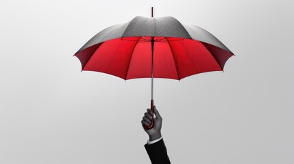 Businessman hand with an red umbrella isolated on gray created with Generative AI technology.