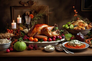 Happy Thanksgiving. Thanksgiving pumpkins and Autumn leaves. Thanksgiving Food Party. Thanksgiving Concept.Thanksgiving Background. Thanksgiving Theme. Generative Ai