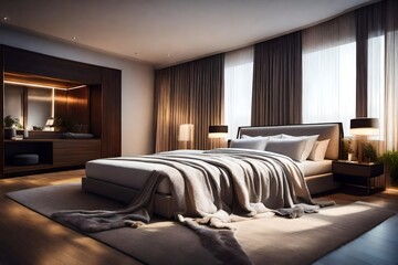 Comfortable bedroom with large bed with blankets and fur