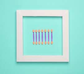 Set of applicators for makeup on blue background, Creative layout, minimalism