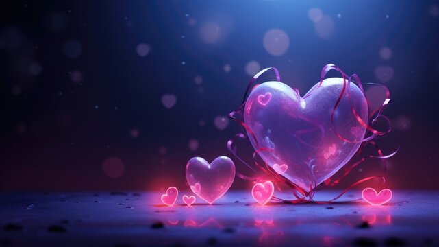 Beautiful pink hearts in the middle of dark background, glowing elements and wedding wishes for affectionate love, layout for wedding marriage wishes and celebration background with copy space